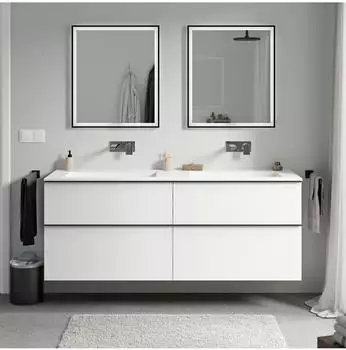 Bernstein LAVOA Waschtischunterschrank 160cm, weiß matt, Mineralguss-Waschbecken ohne Hahnloch, Chrom (LAVOA 160)