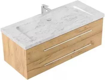 Posseik YAMO 130 Badm&ouml;bel-Set mit Waschbecken, Marmor Carrara White, eiche gold