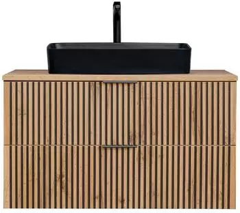 Lomado XANTEN-56 Waschtisch mit Aufsatzwaschbecken, schwarz gerillt, anthrazit/Eiche, 100,6x70,2x46,5cm