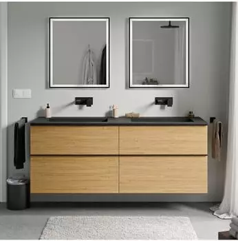 Bernstein LAVOA Waschtischunterschrank 160cm, Eiche honiggold, Mineralguss schwarz matt (LAVOA 160)