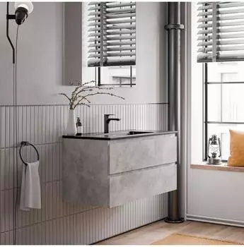 Bernstein AVA Waschbeckenunterschrank 100cm, Keramik-Waschbecken schwarz matt, Beton (AVA)