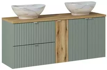 Lomado NEWPORT-56-GREEN Doppelwaschtisch mit Keramik-Waschbecken 140cm, schilfgrün und Eiche (LA56-NEWPORT-56-GREEN-SET19)