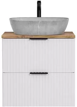 Lomado ADELAIDE-56-WHITE Waschtisch 60cm, wei&szlig;/Eiche, Keramik-Aufsatzbecken Beton Optik (ADELAIDE-56-WHITE-SET40)