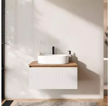 Planetmöbel Arisa Waschtisch-Set mit Unterschrank 80cm, Waschbecken 55cm, gold eiche/weiß geriffelt (WTU-ARISA-800GEWH-ST-WB550WHAW-PM)