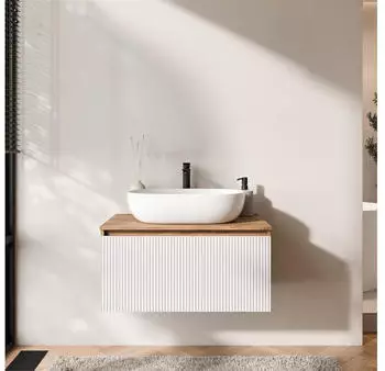 Planetmöbel Arisa Waschtisch-Set mit Unterschrank 80cm, Waschbecken 60cm, weiß geriffelt / Gold Eiche (WTU-ARISA-800GEWH-ST-WB600WHAW-PM)