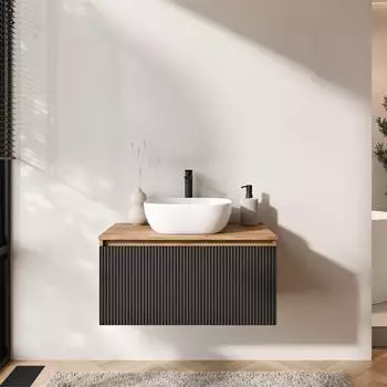 Planetm&ouml;bel Arisa Waschtisch-Set 80cm mit Unterschrank, Waschbecken 42cm, schwarz geriffelt (WTU-ARISA-800GESW-ST-WB425WHAW-PM)