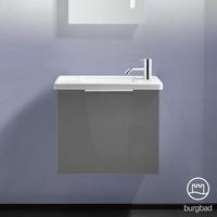 Burgbad Eqio Keramik-Waschtisch mit Waschtischunterschrank, mit 1 Klappe Front grau hochglanzKorpus grau glanz, Griff chrom SFPF053F2010C0001G0146