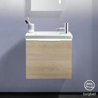 Burgbad Eqio Keramik-Waschtisch mit Waschtischunterschrank mit LED-Beleuchtung, mit 1 Klappe Front eiche cashmere dekorKorpus eiche cashmere dekor, Griff chrom SFPQ053F3180C0001G0146, EEK: A++