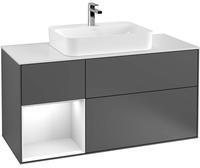 Villeroy & Boch Villeroy und Boch Finion Waschtischunterschrank G412MTGF 120cm, Abdeckplatte black matt, Emotion, Regal links White matt lacquer, Glossy white lacquer