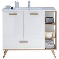 Lomadox badezimmer Waschtisch MALANJE-66, Unterschrank und Waschbecken, in weiß glänzend & Riviera Eiche quer Nb. - B/H/T: 101/89,5/46cm