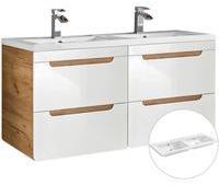 Lomado DE Doppel-Waschtischunterschrank 120cm mit Keramikbecken LUTON-56 Hochglanz weiß mit Wotaneiche B/H/T ca. 121/63/46 cm