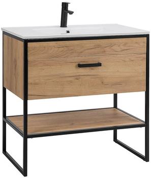 Lomadox Waschtisch mit Keramik-Becken Industrial-Style in Gold Craft Oak Eiche schwarz B/H/T: 80/85/46cm