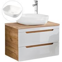 Lomado LUTON-56 Waschtischunterschrank 80cm Hochglanz weiß Wotan Eiche mit Keramik-Waschbecken (LA56-LUTON-56-SET78)