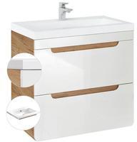 Lomado DE Waschtischunterschrank 60cm mit Keramik-Waschtisch LUTON-56 Hochglanz wei&szlig; mit Wotaneiche B/H/T ca. 61/63/46 cm