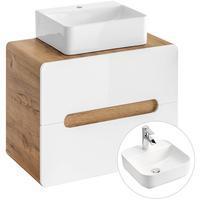 Lomado DE Waschtischunterschrank 60cm mit 40cm Keramik-Waschtisch LUTON-56 Hochglanz weiß mit Wotaneiche B/H/T ca. 60/67/46 cm