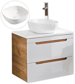 Lomadox Waschtisch LUTON-56, Waschtischunterschrank 60cm mit 40cm Keramik-Waschbecken in Hochglanz weiß mit Wotaneiche, B/H/T ca. 61/76,5/48cm weiß 61 cm x 76 cm x 48 cm