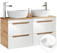 Lomadox Doppelwaschtisch LUTON-56, Doppel-Waschtischunterschrank 120cm mit 40cm Keramibecken Hochglanz weiß mit Wotaneiche B/H/T ca. 121/76,5/48 cm