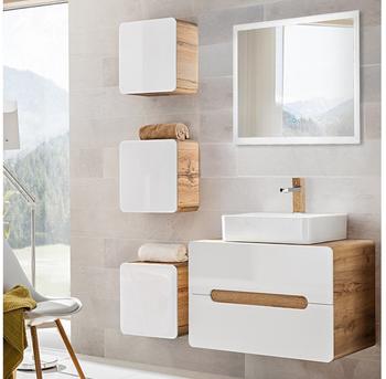 Lomadox badmöbel set in Hochglanz weiß mit Wotaneiche mit Keramik Aufsatzbecken, B/H/T: 130/200/46 cm