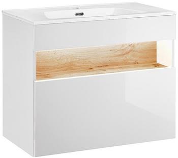 Lomadox Waschtischunterschrank mit Keramik-Waschtisch inkl LED in Weiß-Hochglanz mit Wotaneiche B/H/T x 79/67/45cm