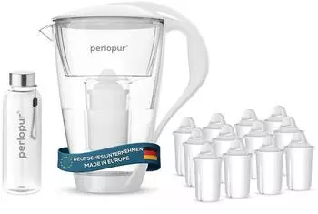 PearlCo Glas Wasserfilter inkl. 12 Kartuschen plus Glasflasche Wei&szlig; / Universal (bew&auml;hrter Kalkschutz)