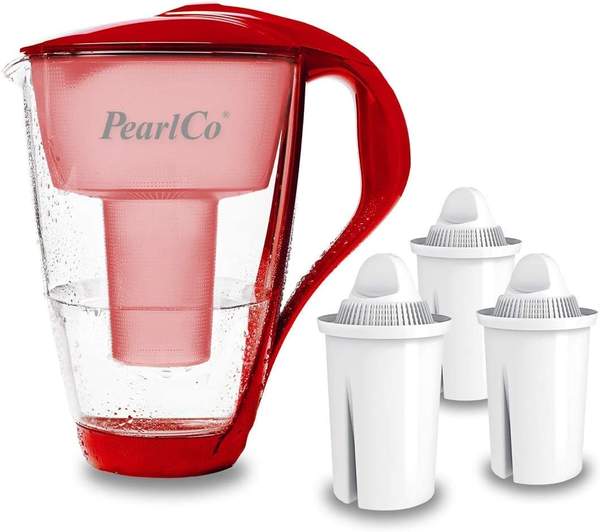 PearlCo Glas-Wasserfilter rot + 3 Universal Filterkartuschen