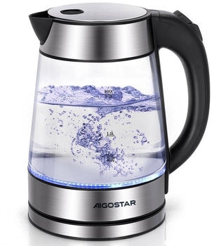 Aigostar Edelstahl Glaswasserkocher 1,7 Liter, 2200 Watt, Kalkfilter, Auto-off Trockenlaufschutz, bpa frei, Silber