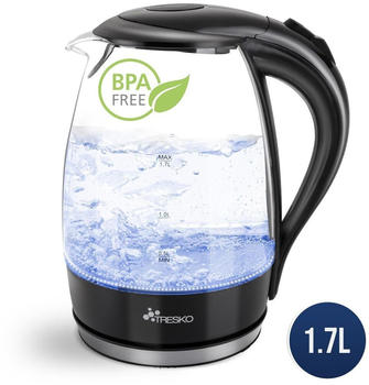 Tresko Wasserkocher Glas 1,7L Glaswasserkocher LED Beleuchtung Edelstahl 2200W Teekocher BPA frei Teekessel