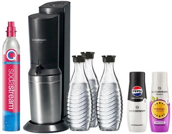SodaStream Crystal 3.0 mit 3 Glaskaraffen, 1 CO2-Zylinder , 2 Sirups (Pepsi Zero Zucker, Maracuja ohne Zucker)