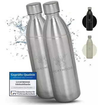 Luckymoose Infinity Edelstahlflasche 1,1L für SodaStream Terra & Duo silber 2er Set