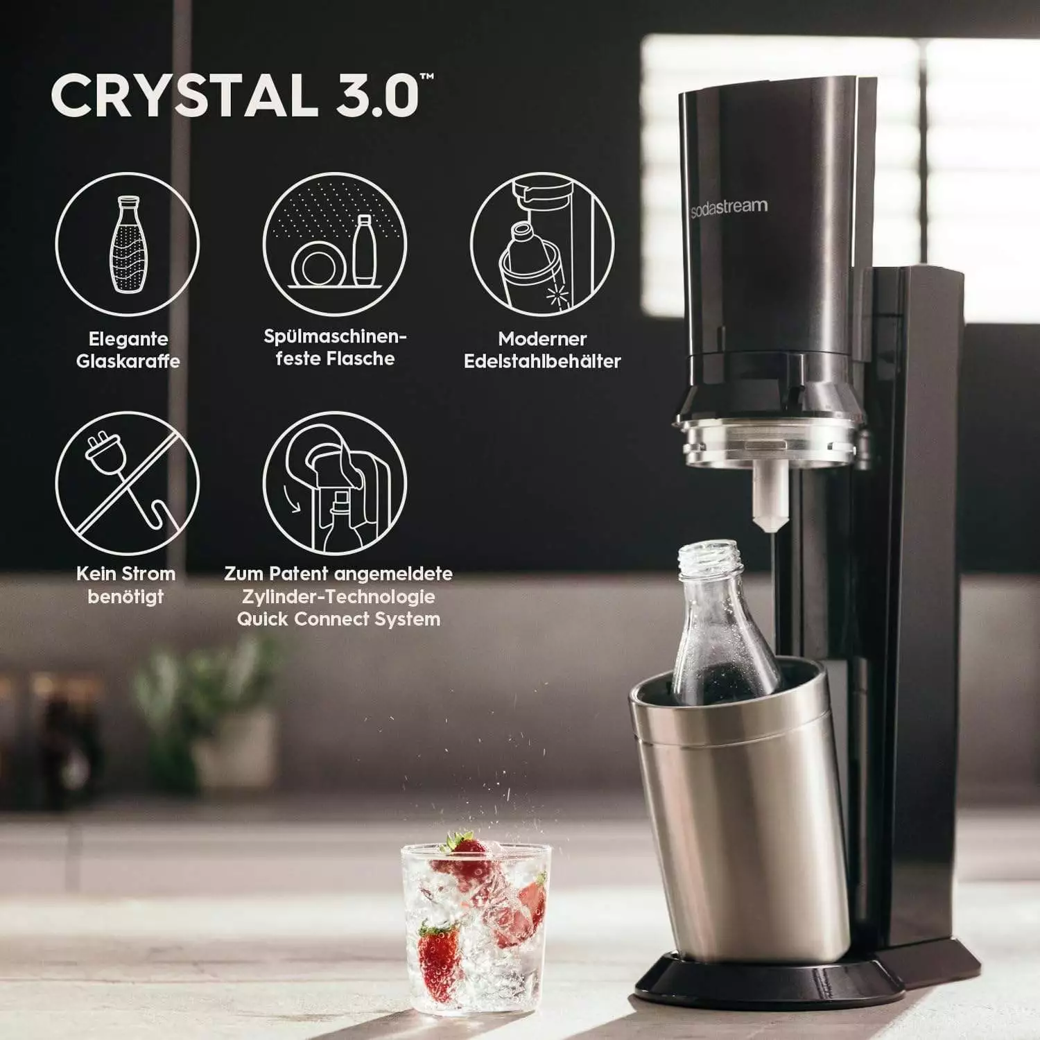 SodaStream Crystal 3.0 + 1x Quick-Connect CO2-Zylinder, 2X Glaskaraffen Trinkwassersprudler