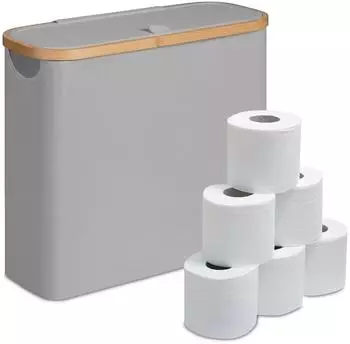 Relaxdays Toilettenpapier-Aufbewahrungskorb, 12 Rollen, Stoff/Bambus, grau (10051701_111)