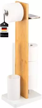 eluno Stand-WC-Garnitur 4in1 mit WC-B&uuml;rste, Rollenhalter & Ablage, Bambus/Metall, wei&szlig;
