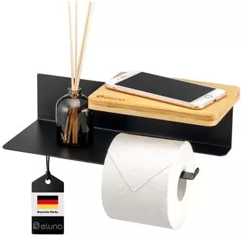eluno VARAZ Toilettenpapierhalter mit 2 Ablagen, Metall und Bambus, schwarz
