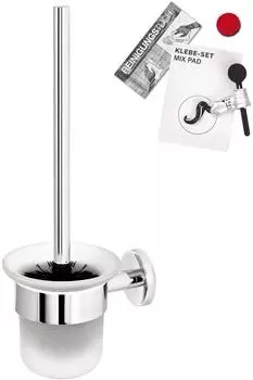 bremermann LUCENTE WC-Bürstengarnitur, satiniertes Glas & Edelstahl verchromt, mit Klebeset & Wandhalterung
