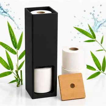 Relaxdays Toilettenpapier-Ersatzrollenhalter, Bambus/MDF, schwarz/natur, 4 Rollen, 46,5x14x14cm