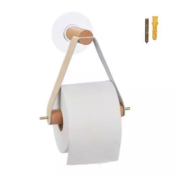 Relaxdays Toilettenpapierhalter Holz mit Kunstlederband, 18x18x8cm