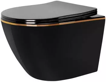 Rea Carlo Mini WC-Becken h&auml;ngend sp&uuml;lrandlos mit Absenkautomatik-Sitz schwarz-gold Glanz (REAC8800)
