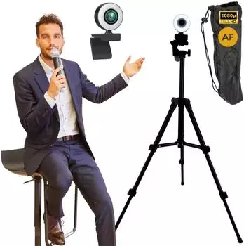 TronicXL Webcam mit Ringlicht + 60cm Stativ Full HD 1080p, Autofokus, 2 Stereo-Mikrofone (TR-WEB-1-Tripod3000X)