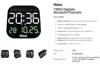 Mebus Tischuhr 18,5x18,5x3cm schwarz (19855)