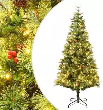 vidaXL K&uuml;nstlicher Weihnachtsbaum mit Beleuchtung und Kiefernzapfen, gr&uuml;n, 120cm (344287)