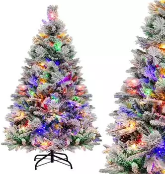 Costway Künstlicher Weihnachtsbaum 136cm, Schnee & Zapfen, 472 PE/PVC-Zweigspitzen, 8 Lichtmodi (OY46546PQ)