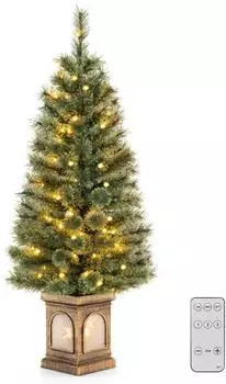 Costway Künstlicher Weihnachtsbaum im Topf 120cm warmweiße LED, Timer (CM24560DE)