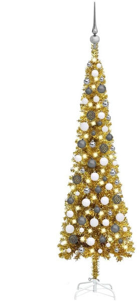 vidaXL Schlanker Weihnachtsbaum mit LEDs & Kugeln gold 120 cm (3078126)