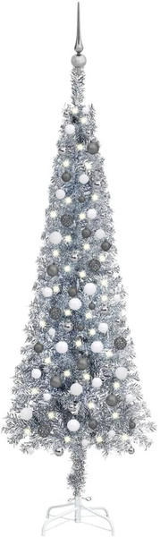 vidaXL Schlanker Weihnachtsbaum mit LEDs & Kugeln silber 210 cm (3078134)