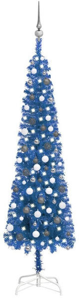 vidaXL Schlanker Weihnachtsbaum mit LEDs & Kugeln blau 210 cm (3078119)