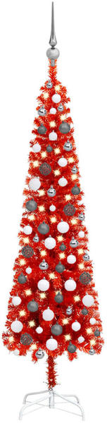 vidaXL Schlanker Weihnachtsbaum mit LEDs & Kugeln rot 150 cm (3078122)