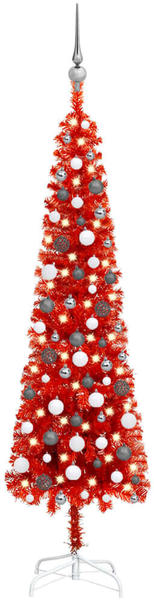 vidaXL Schlanker Weihnachtsbaum mit LEDs & Kugeln rot 180 cm (3078123)