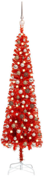 vidaXL Schlanker Weihnachtsbaum mit LEDs & Kugeln rot 150 cm (3078081)