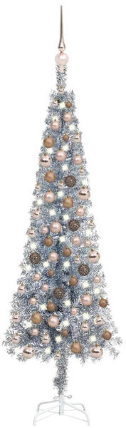 vidaXL Schlanker Weihnachtsbaum mit LEDs & Kugeln silber 120 cm (3078090)