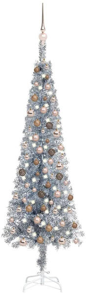 vidaXL Schlanker Weihnachtsbaum mit LEDs & Kugeln silber 180 cm (3078092)